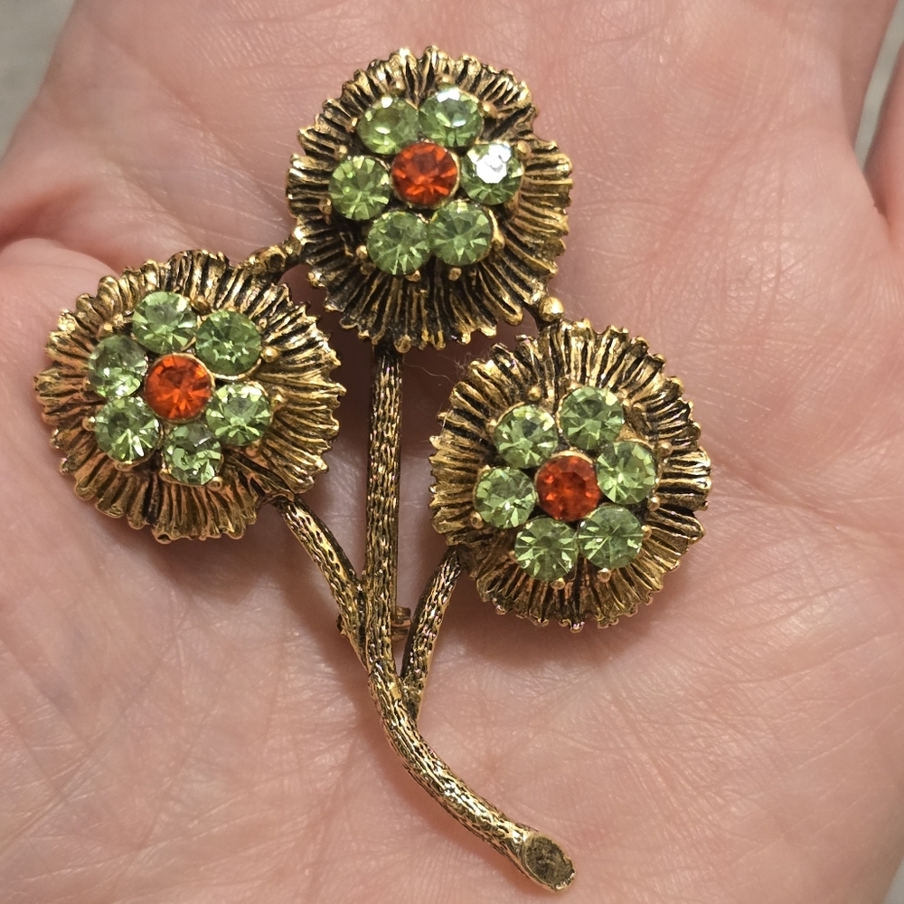 Gold Floral Brooch with Green and Orange Accents Vintage Metal Charm Assessory